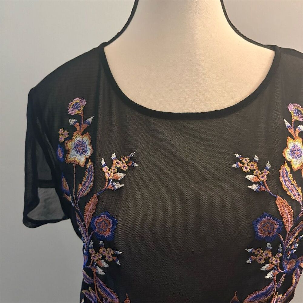 INC Women's Floral Embroidered Top Black Sheer Size M